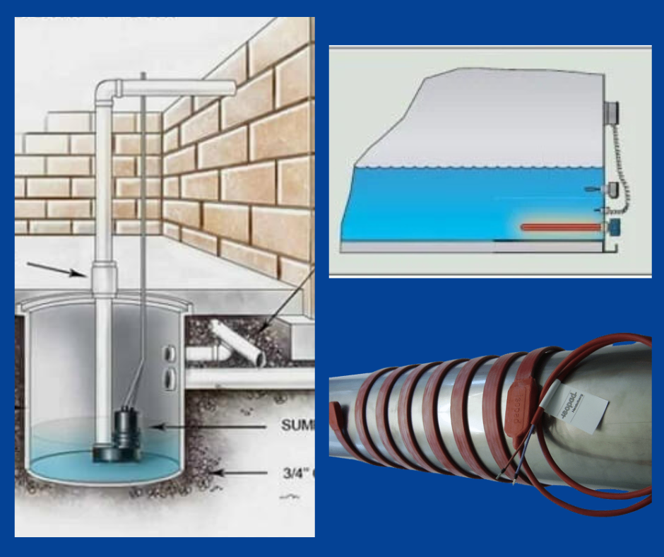 When considering freeze protection for your system there are three options to choose from: basin heaters, heat traces, or indoor sump pumps.