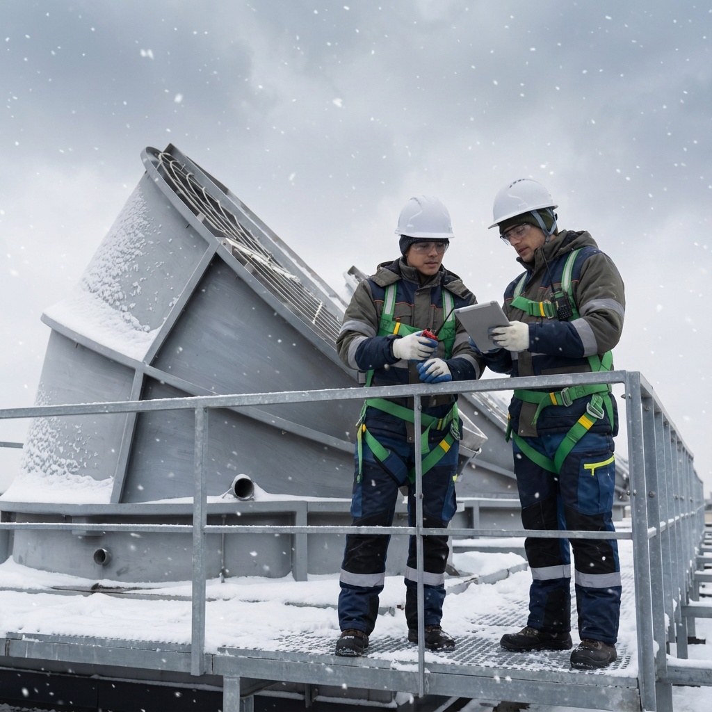 Technicians maintaining cooling towers in winter.