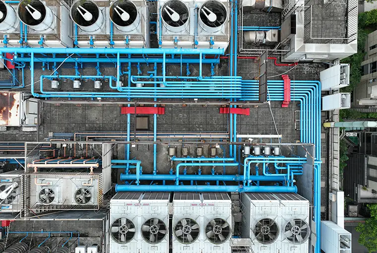 Set of cooling towers on a data center building.